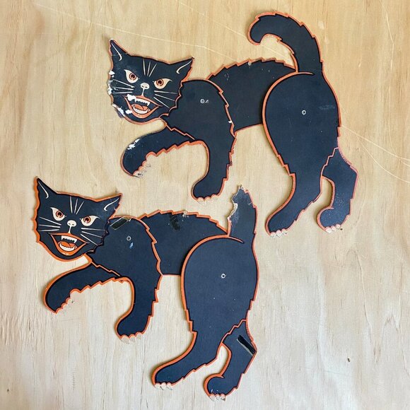 Vintage Halloween Paper Die Cut Mechanical Jointed Scratch Cats TWO - Picture 1 of 6